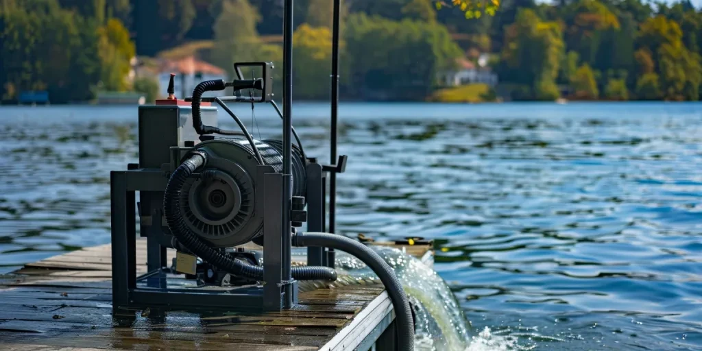 eine Hochleistungs-Oberflächenwasserpumpe mit einem an die Pumpe angeschlossenen Luft- und Nassschlauch