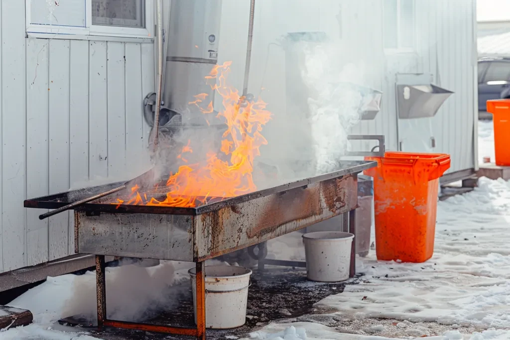 a large metal rectangular maple syrup evaporator