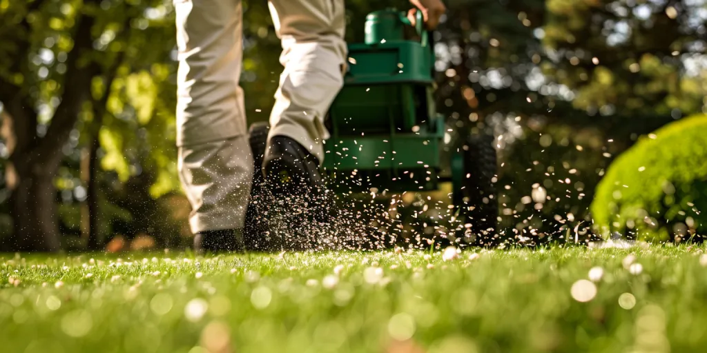 a man in white pants and a black shirt is using a green spreader