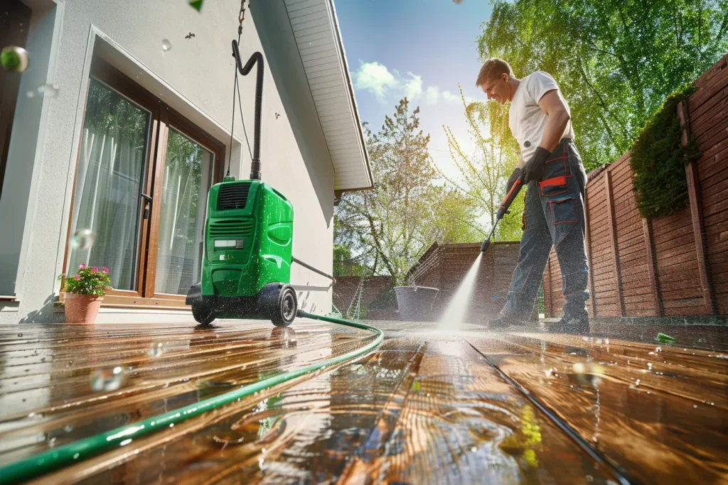 a man using a green wheeled power washer