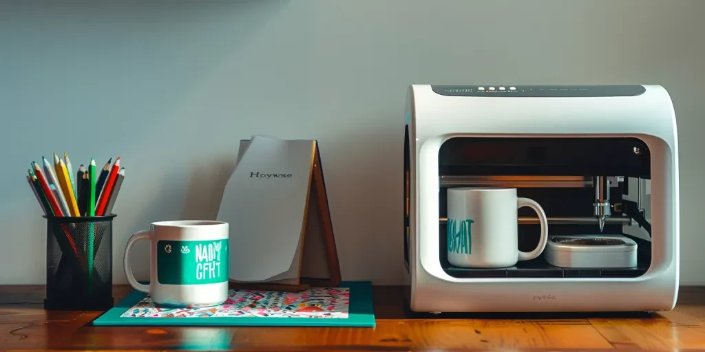 een minimachine die op een eikenhouten tafel staat