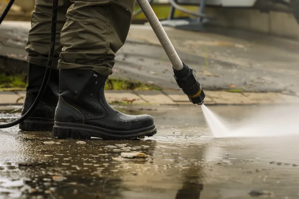 Una persona con botas negras y pantalones caqui usando agua a alta presión.