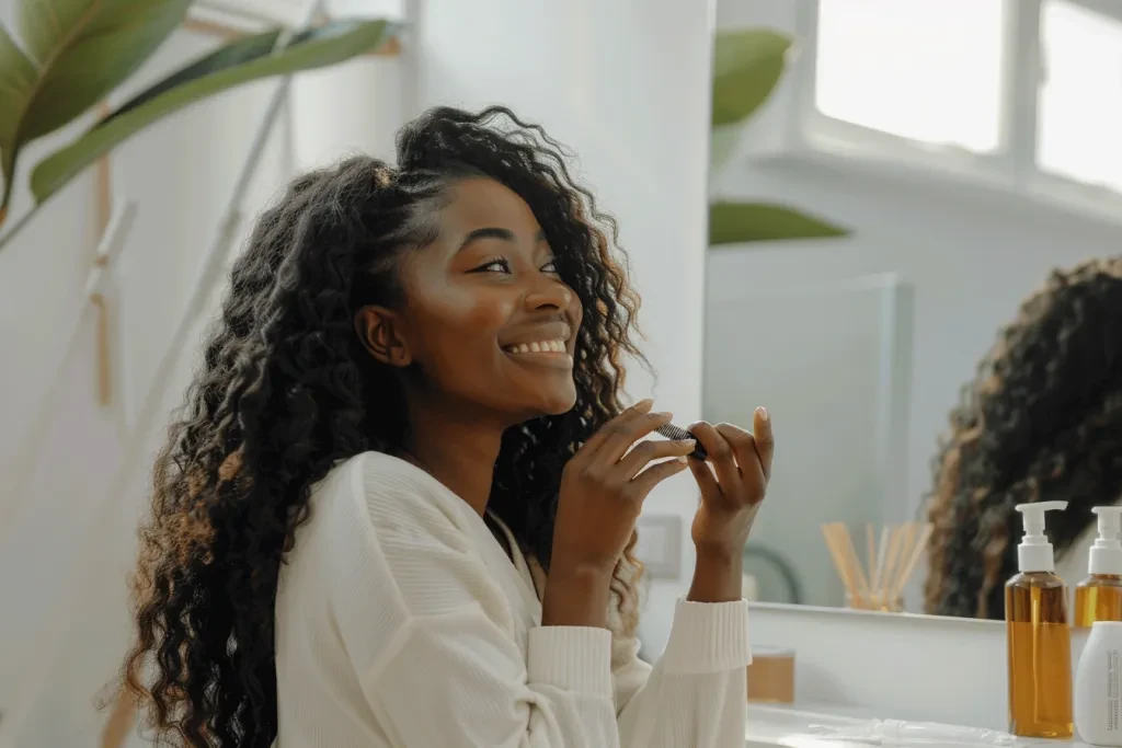 a photo of happy black woman applying hair oil to her curly wet hair in front the mirror