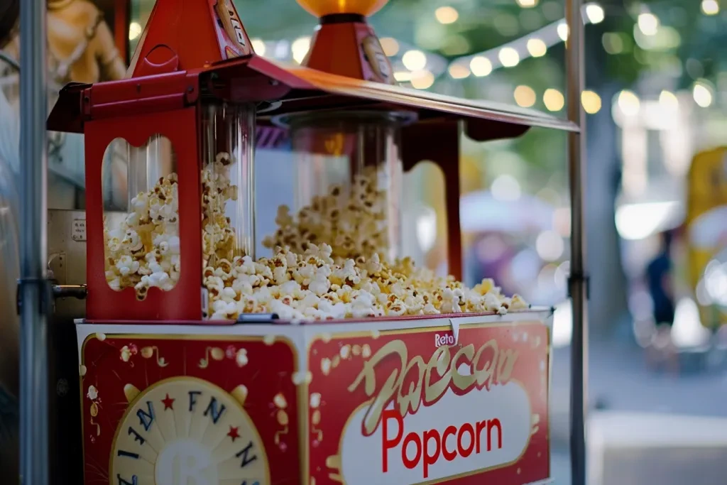 una macchina per popcorn in stile retrò rossa e bianca