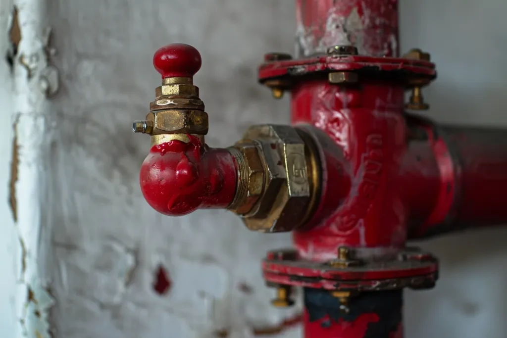 close-up of red cover on pipe with white water in foreground