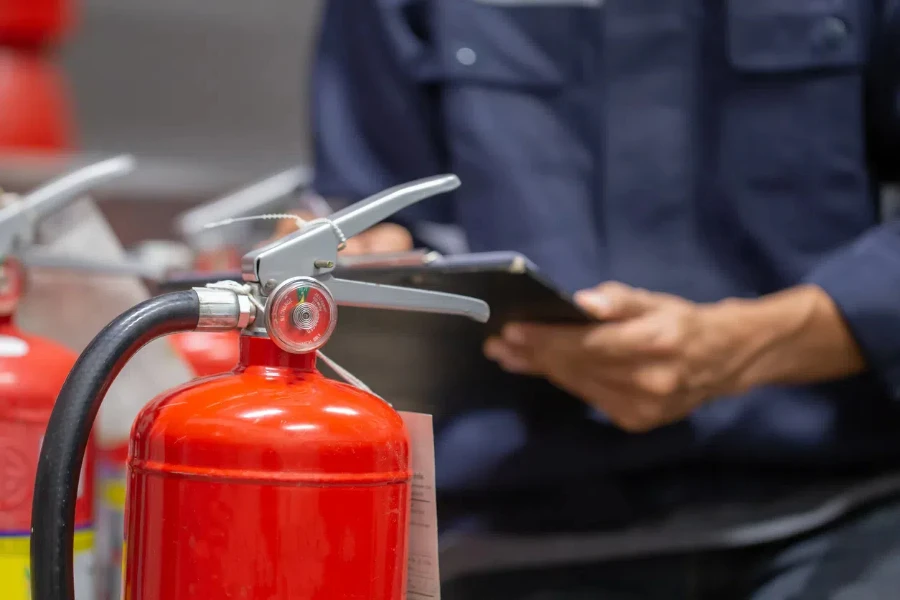 engineer are checking and inspection a fire extinguishers tank