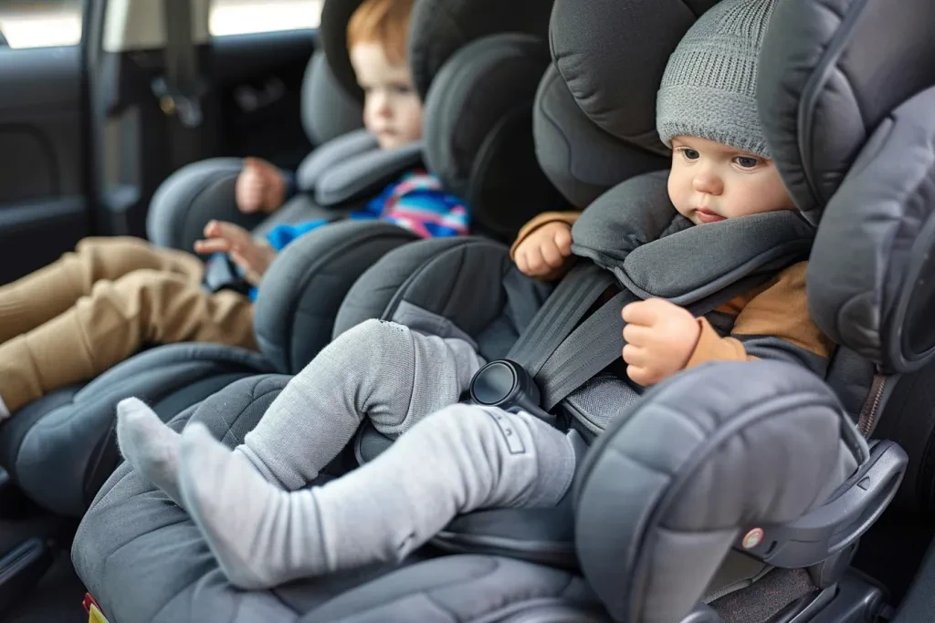 El asiento de seguridad gris está unido a los asientos para niños negros.