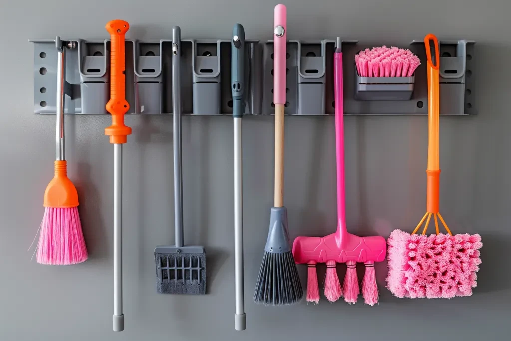 hanging storage rack for cleaning tools and brooms