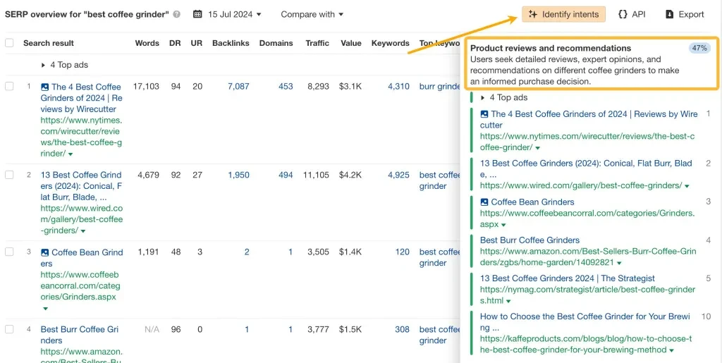 identify intents feature in keywords explorer