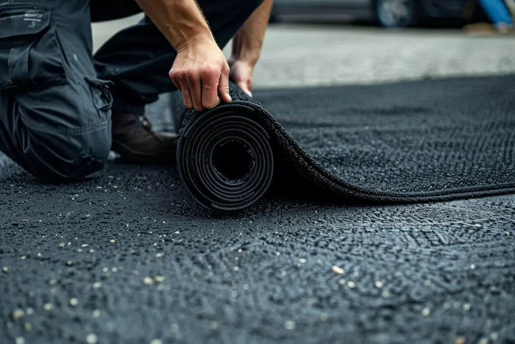 uomo che tiene un grande tappeto nero per auto