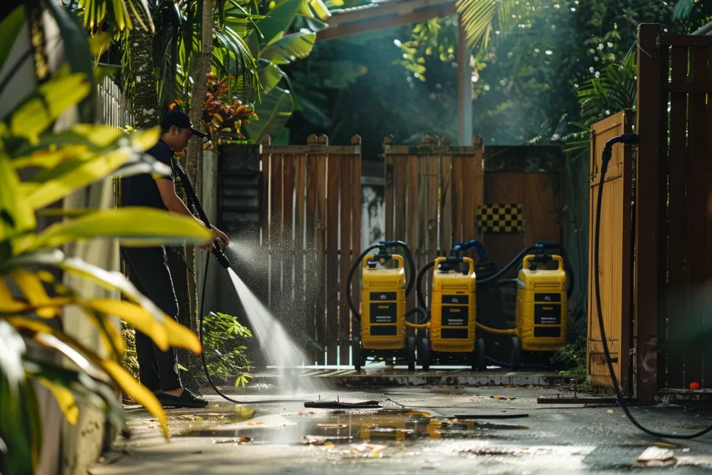 man is cleaning the wooden gate with high pressure water