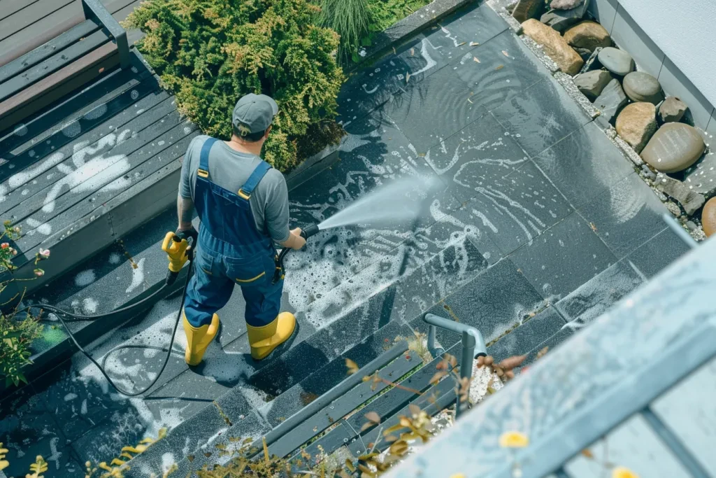 the man in the blue overalls and yellow boots is washing stairs