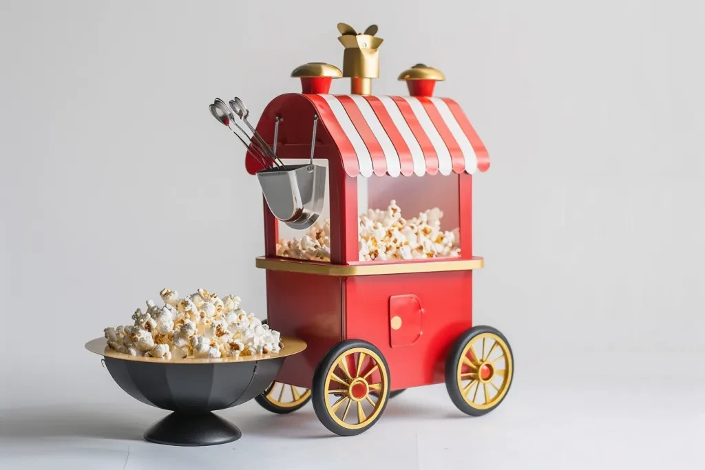 the popcorn machine is shaped like an old-fashioned popcorn cart