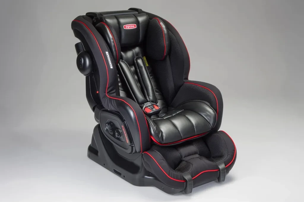 el asiento para el automóvil es negro y tiene detalles en rojo