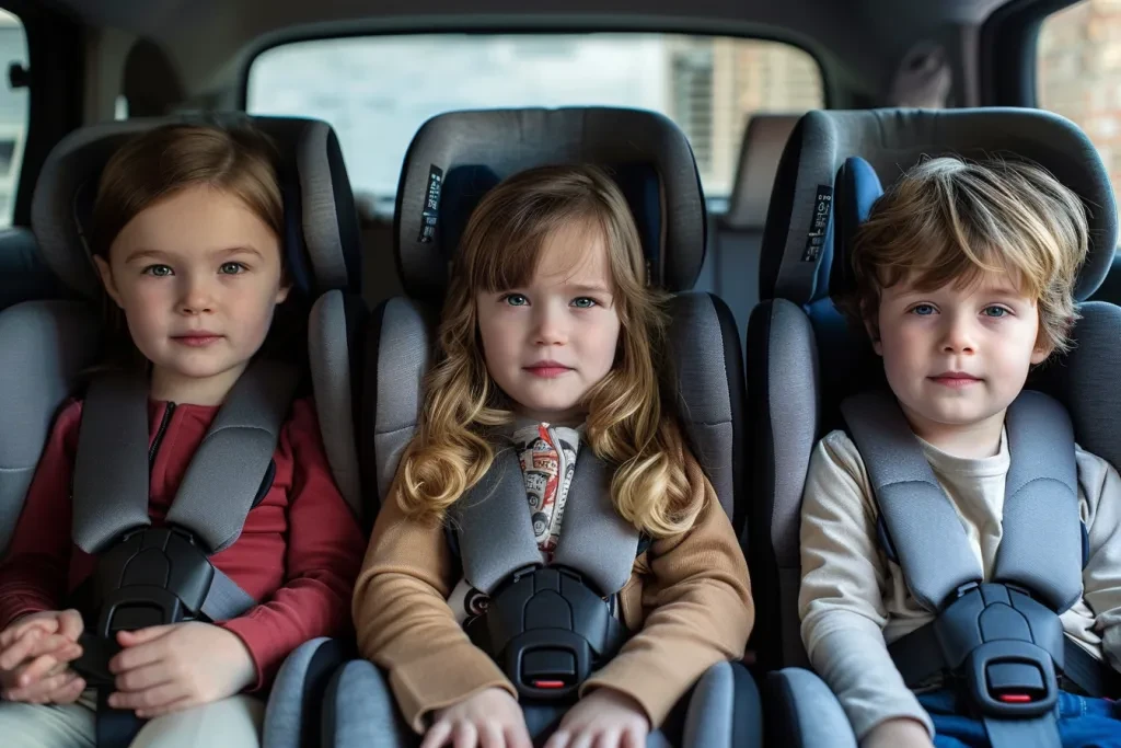 tres niños en asientos de coche