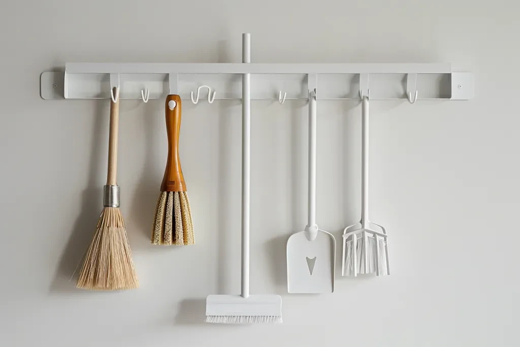 white metal wall mount for holding brooms and mops