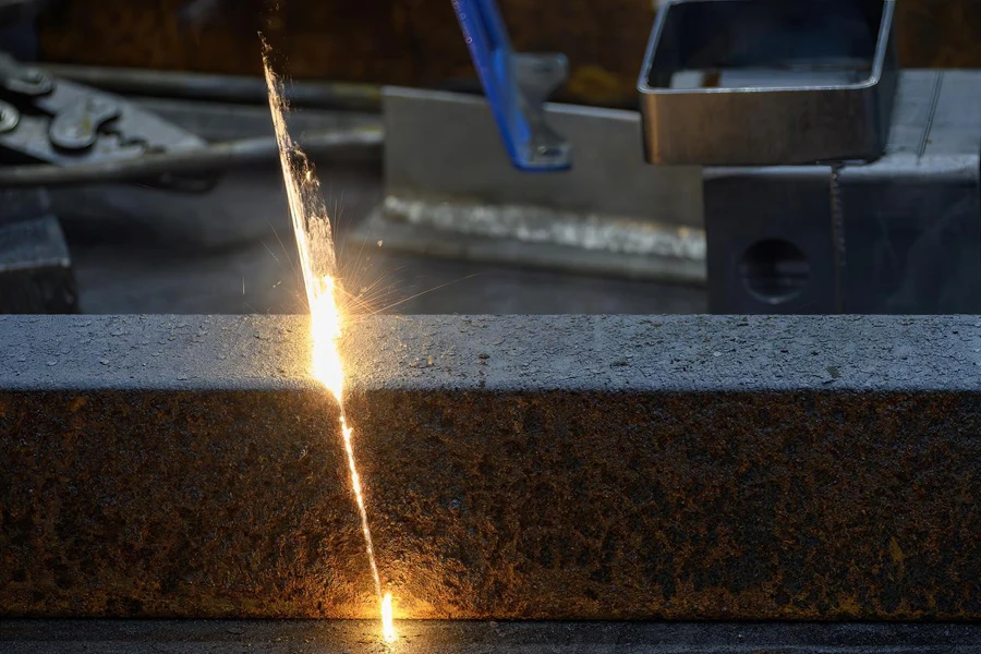 Close up scene rust cleaning process by portable laser cleaning machine.