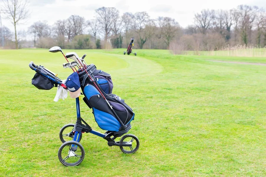 Golf trolley parked on dutch golf course