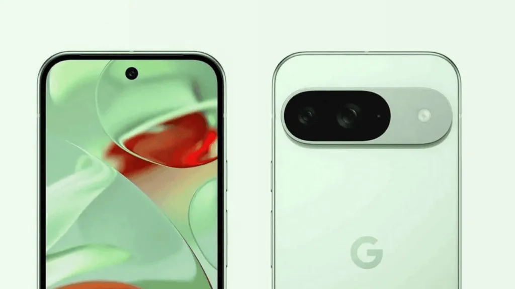 Google Pixel 9 dengan latar belakang hijau