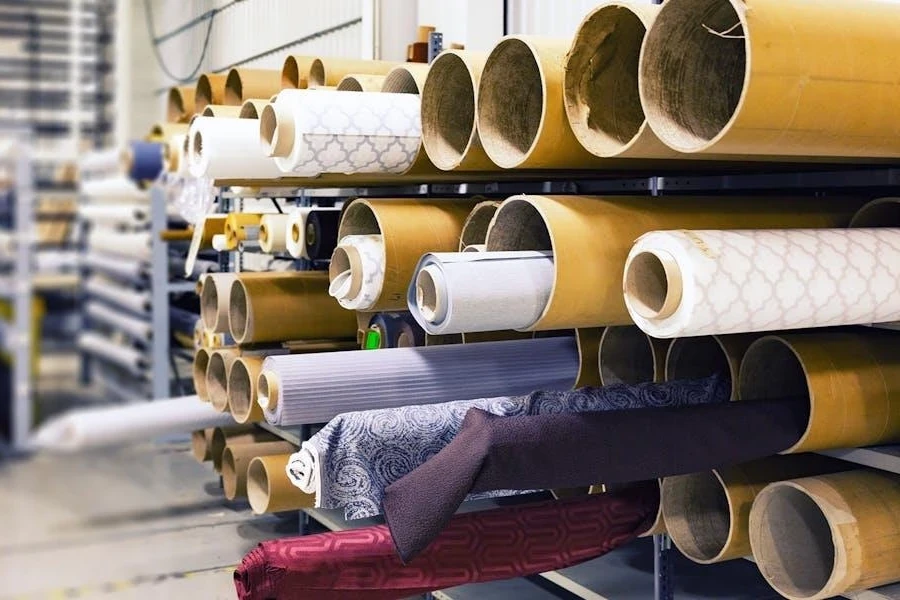 Rolled fabrics in tubes stacked on shelves