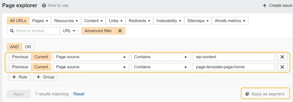 filtro avançado de auditoria de site para encontrar diferentes modelos de páginas