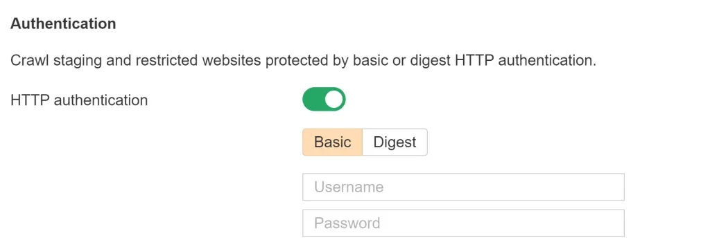 ativar a autenticação http para que o rastreador possa rastrear sites de teste e de desenvolvimento