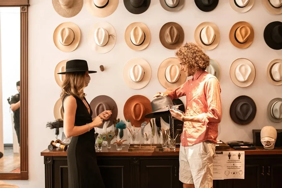 A wall of cowboy hats in various styles