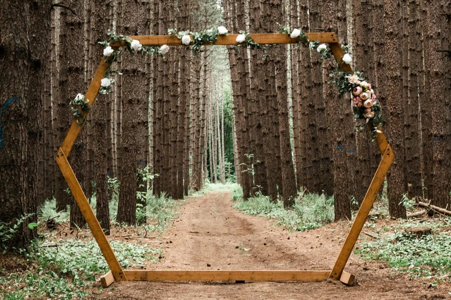 A wooden arch in a forest