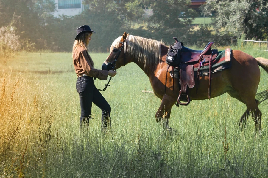 Adult woman with horse on farm pasture