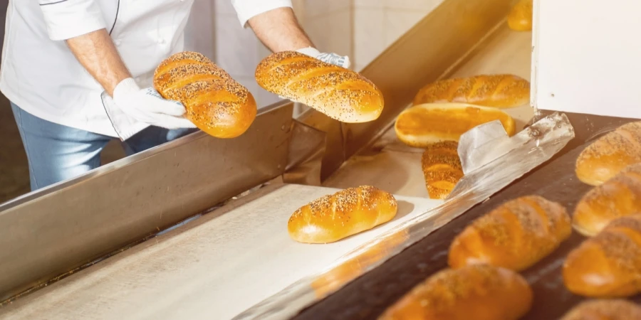 Baked baguettes on a conveyor belt in an industrial bakery