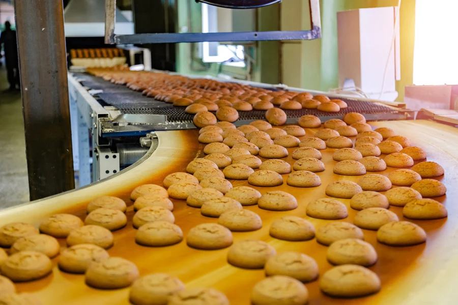 Linea di produzione di prodotti da forno. Biscotti su nastro trasportatore