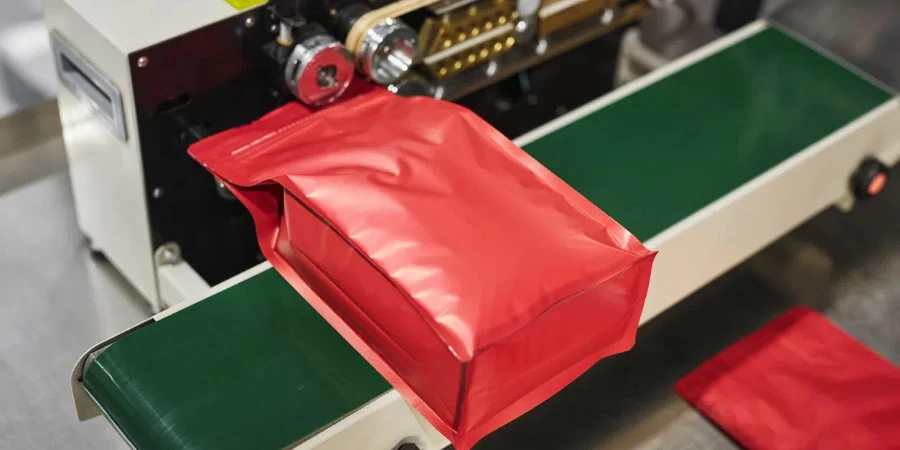 Primo piano del sacchetto di plastica rosso nella macchina confezionatrice