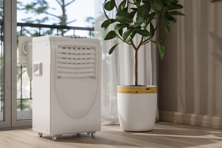 Close up view of a portable air conditioner in an indoor room