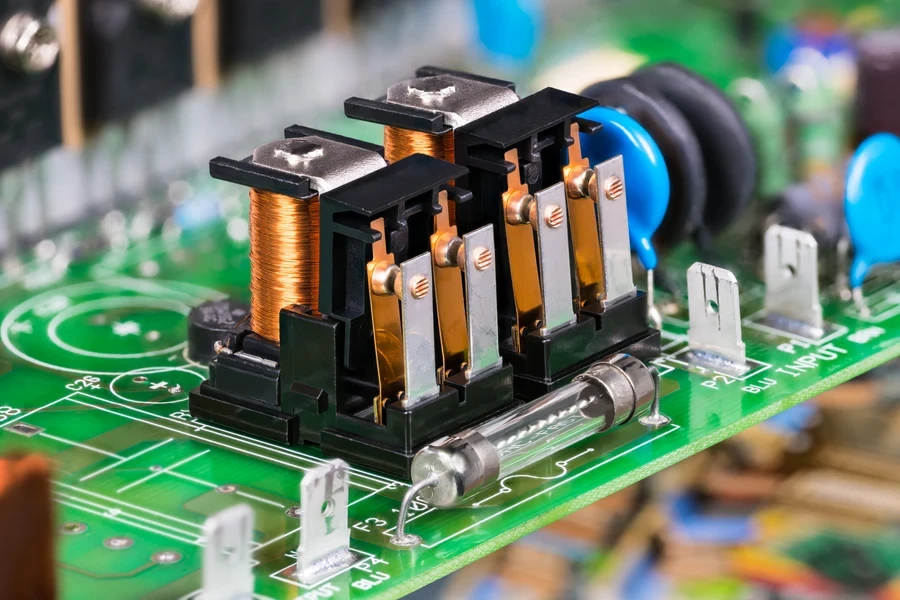 Electronic components as electromagnetic relays or glass electric fuse on green PCB