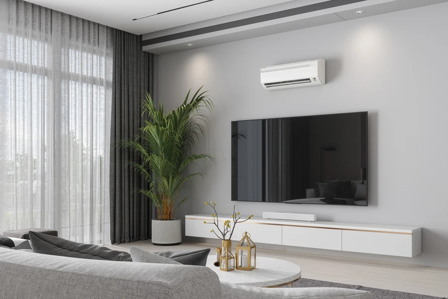 Interior of a modern living room with air conditioning, TV, potted plants and sofa