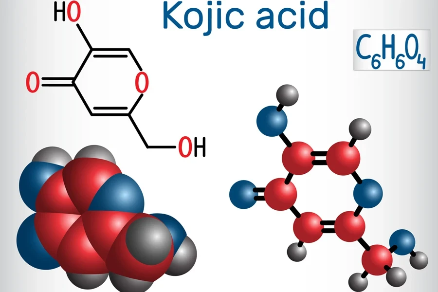 Kojic acid molecule. Used for skin depigmentation in cosmetics. Structural chemical formula and molecule model. Vector illustration