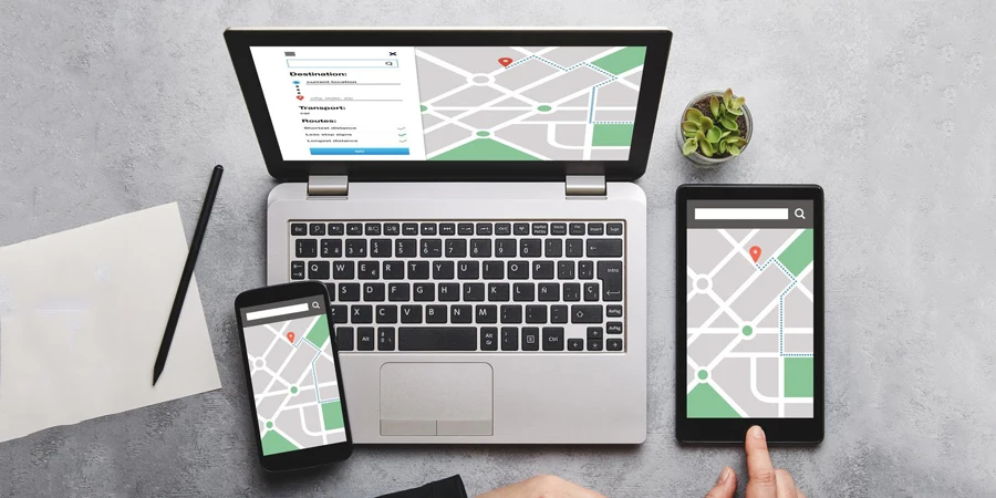 Konsep pelacak lokasi di layar laptop, tablet, dan ponsel pintar