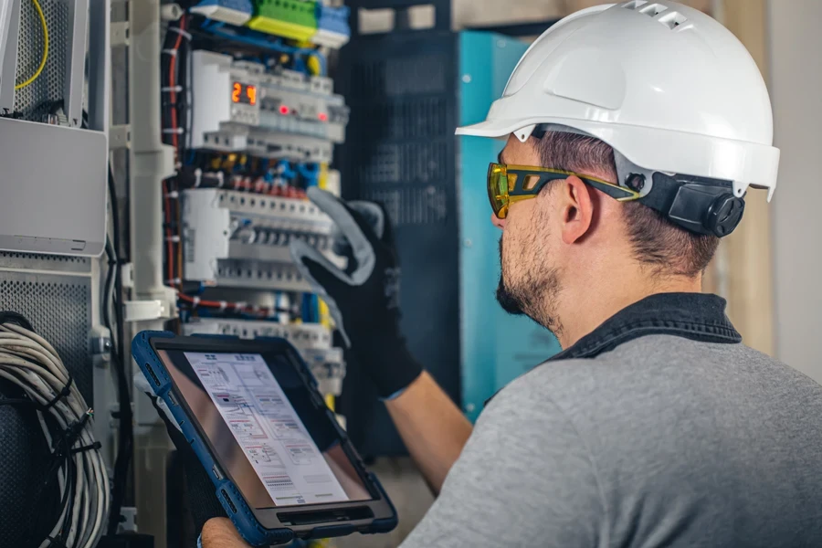 Homme, technicien électricien travaillant dans un tableau avec des fusibles