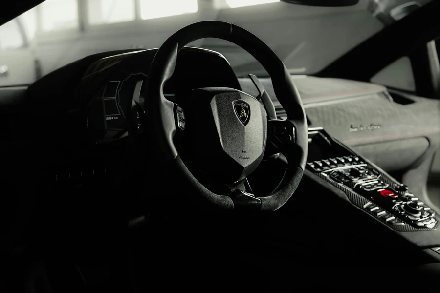 El interior de un coche deportivo en blanco y negro.