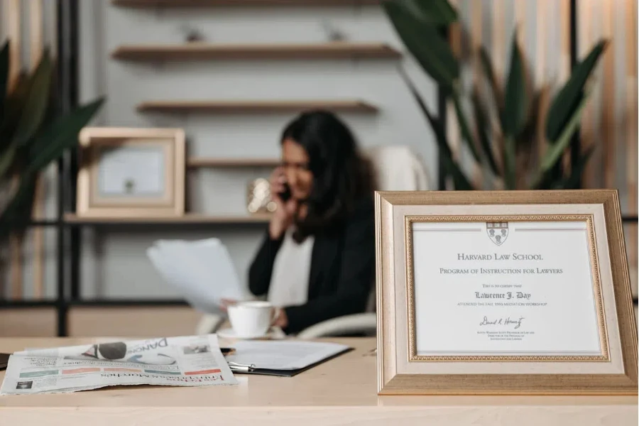 A businesswoman with her credentials on display