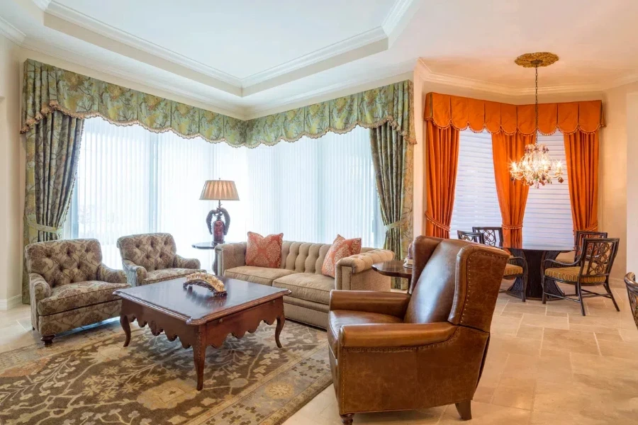 beautiful family room designed with plain colored and patterned valances