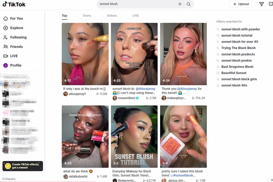 results shows when searching Sunset Blush on TikTok