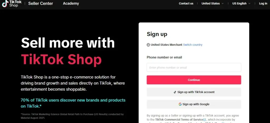 TikTok ShopのTikTok販売者登録ページ