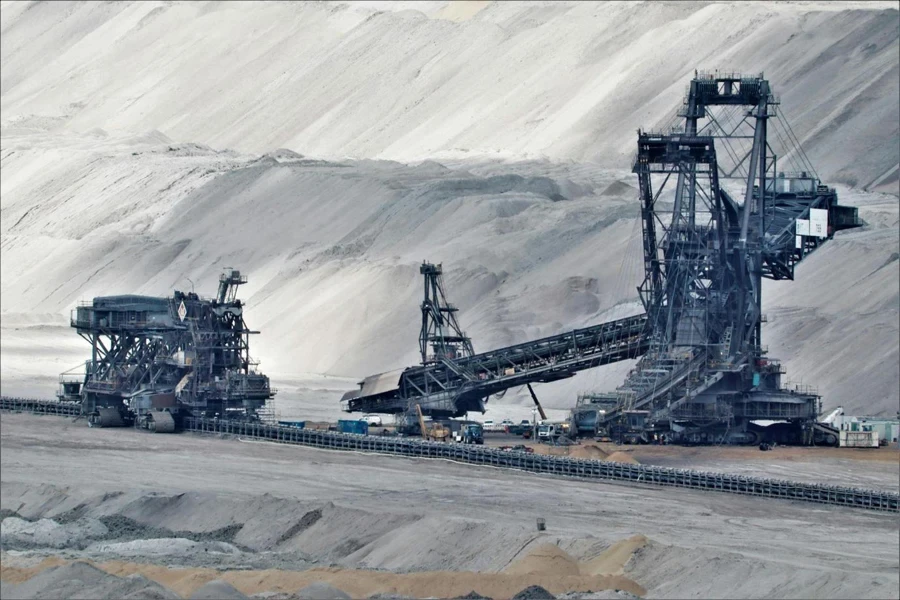 A bucket wheel excavator working mining in an open pit