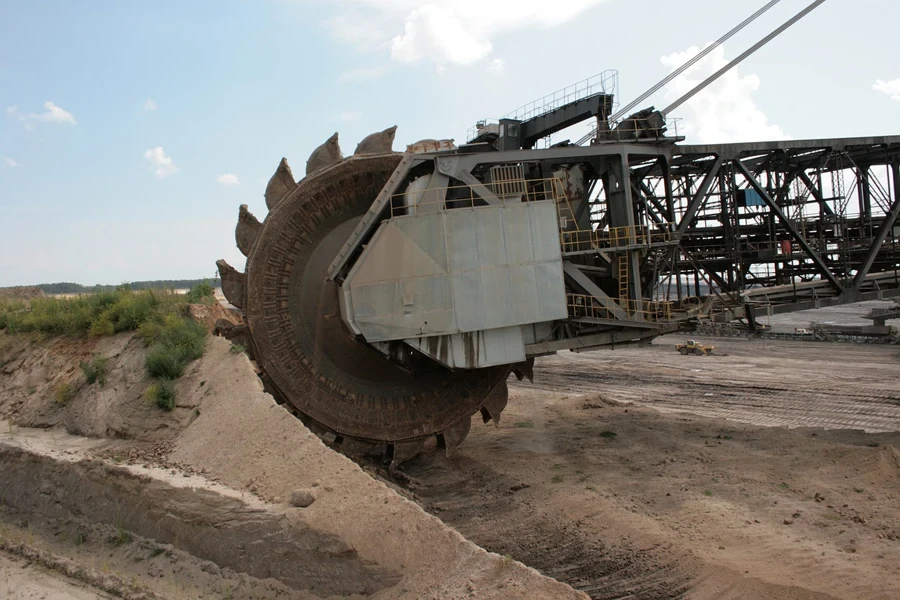 A close-up of the bucket wheel on a bucket wheel excavator