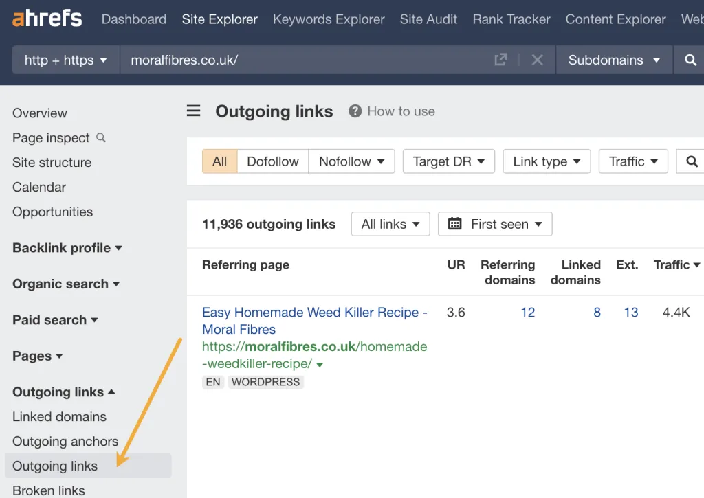 Menemukan tautan keluar di Ahrefs' Site Explorer