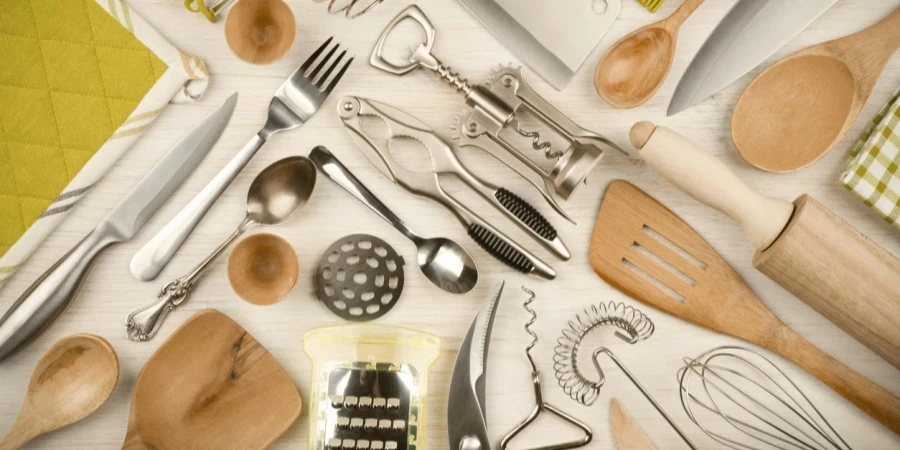 Kitchen Utensils Set on Wooden Texture Background