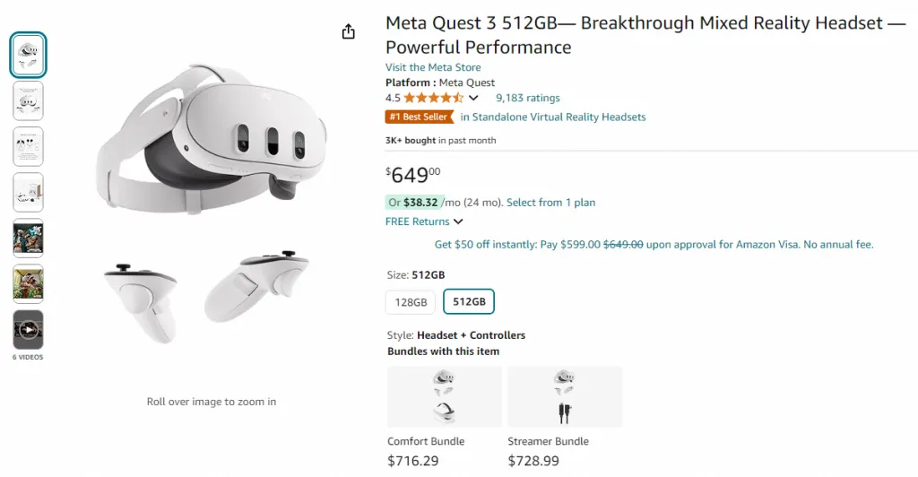 Captura de pantalla de Meta Quest 3 en Amazon