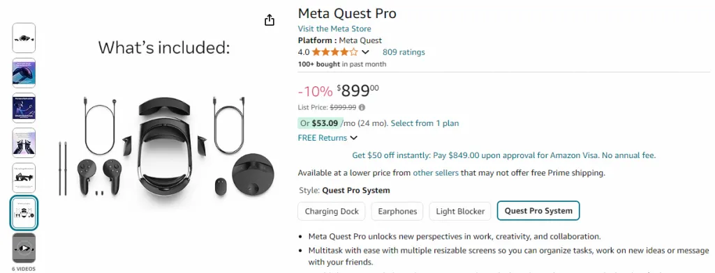 Captura de pantalla de Meta Quest Pro en Amazon