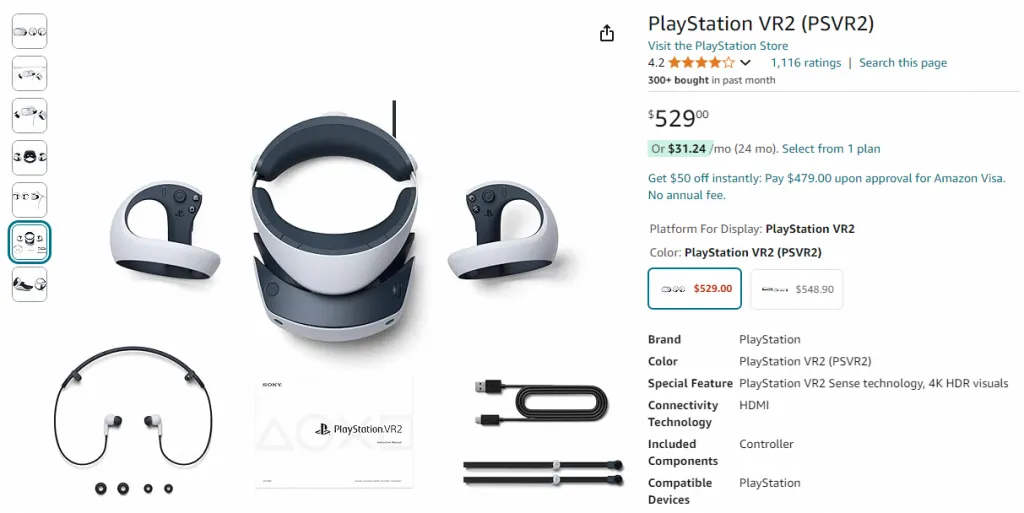 Captura de pantalla de PlayStation VR2 en Amazon